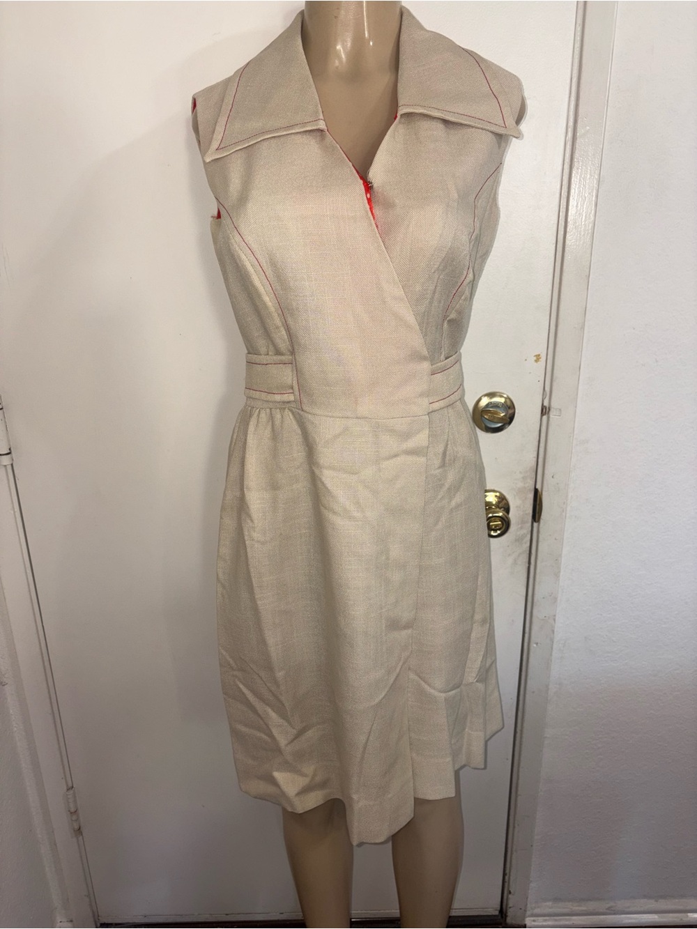 Sleeveless Cream Midi Dress with Pink Contrast Stitching